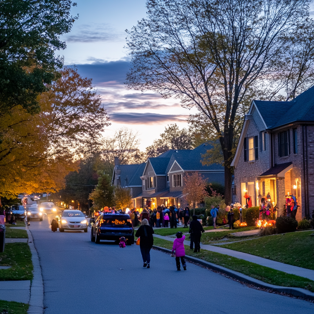 Suburban Halloween Neighborhood 4K Dusk Trick or Treating