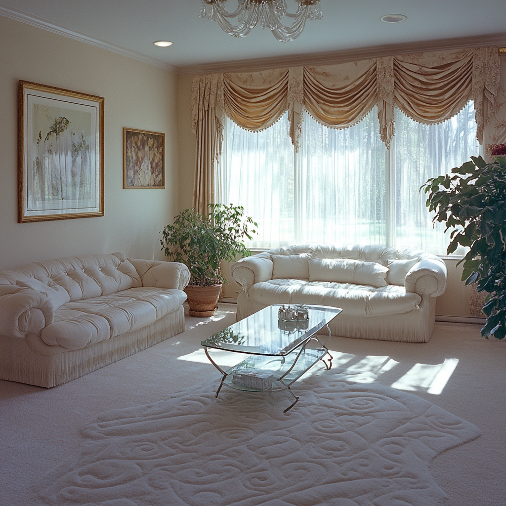 Suburban bathroom with couches, table, curtains, pillows, 80's design.