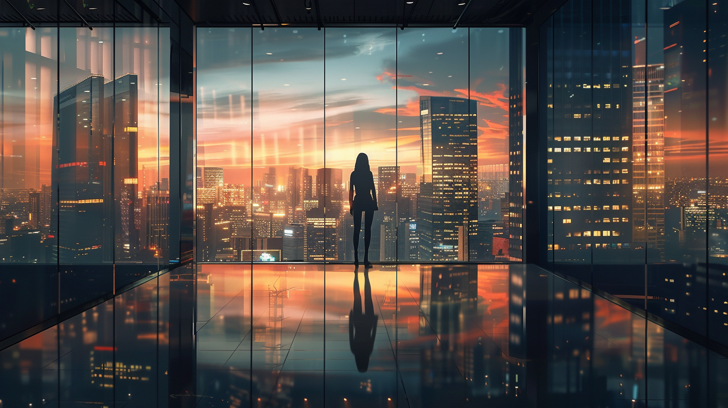 Successful businesswoman gazes at city skyline from glass office.