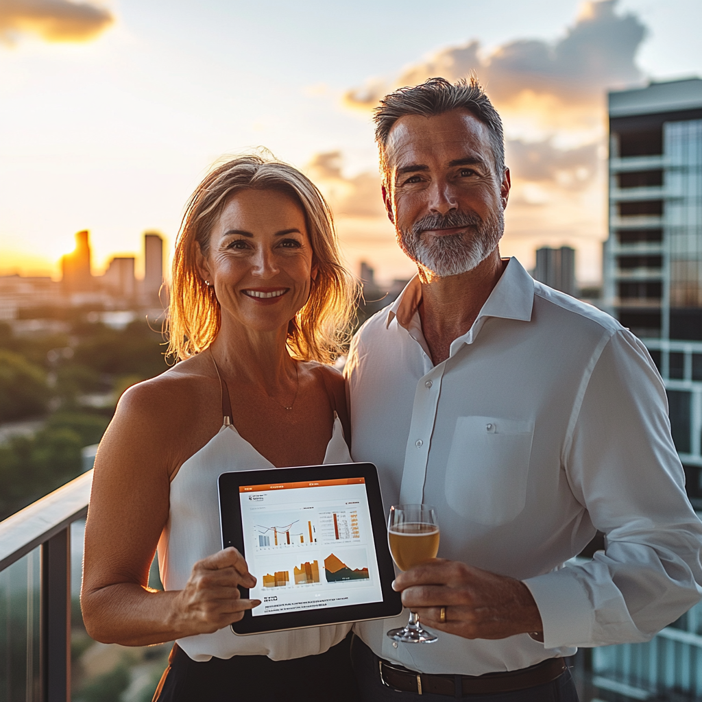 Successful couple in 60s on luxurious condo balcony.