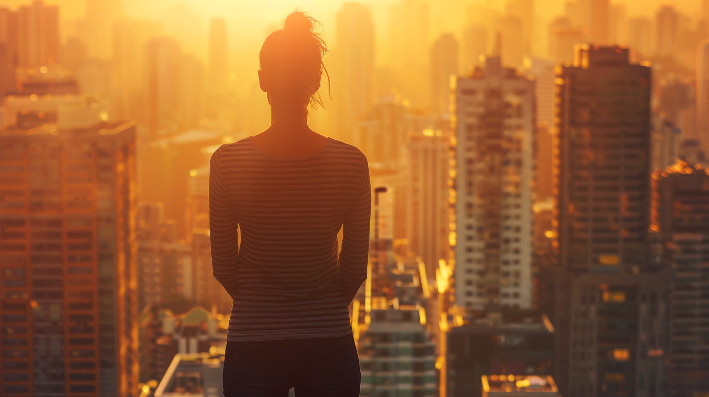 Successful woman overlooking city skyline at sunset glow.