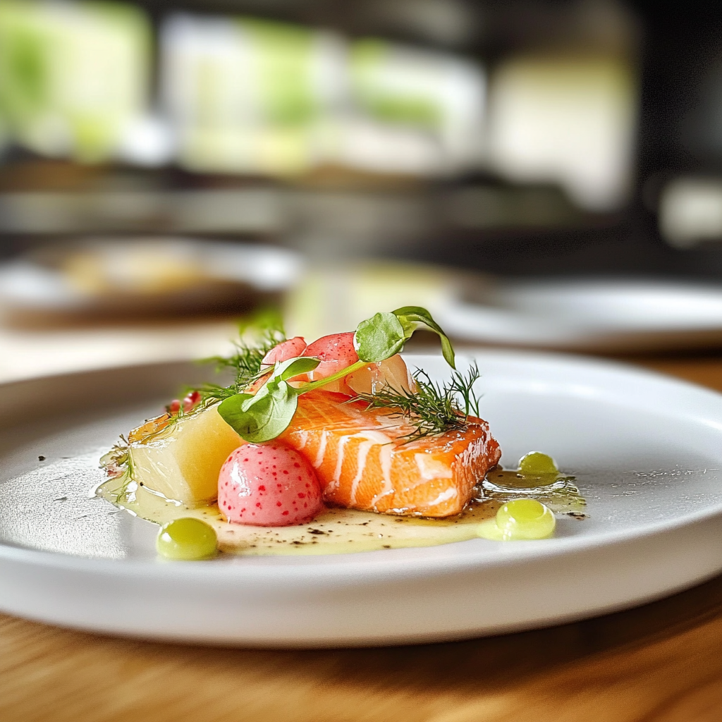 Succulent salmon dish with fresh ingredients, colorful textures.