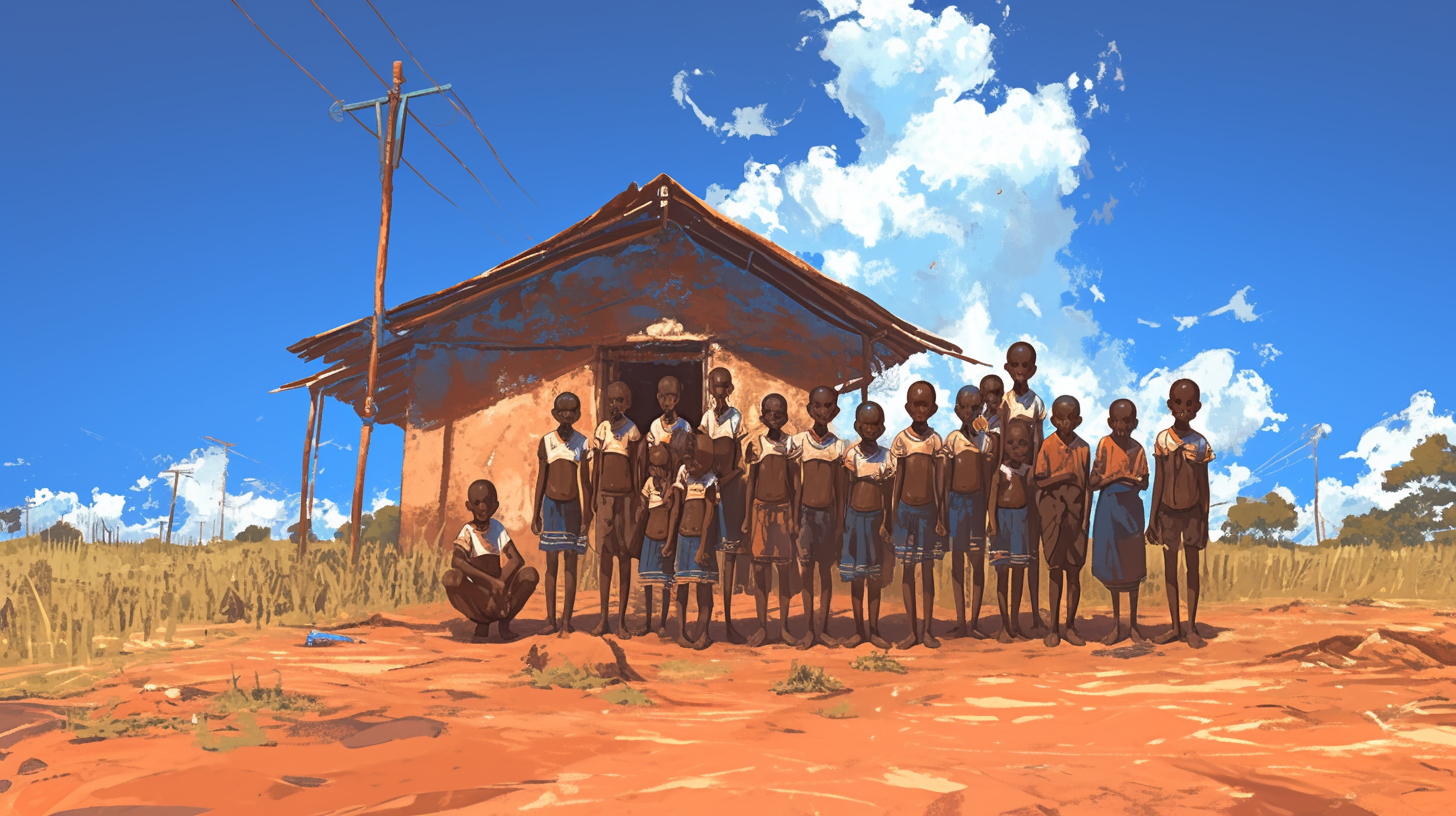 Sudanese children at school: anime-style illustration in Africa.