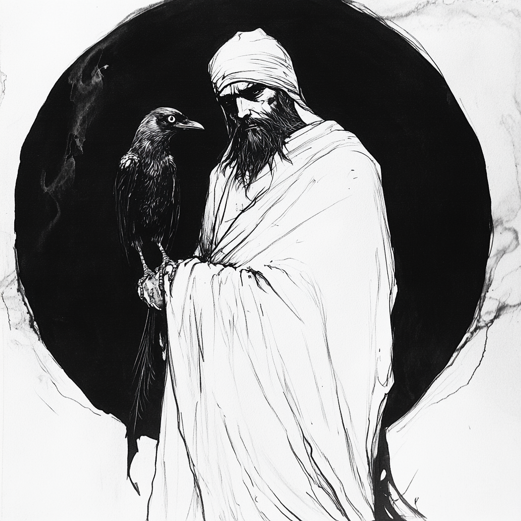 Sufi mystic in white robes with three-legged crow.