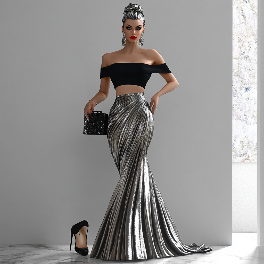 Summer 2024 evening dress with long silver skirt.