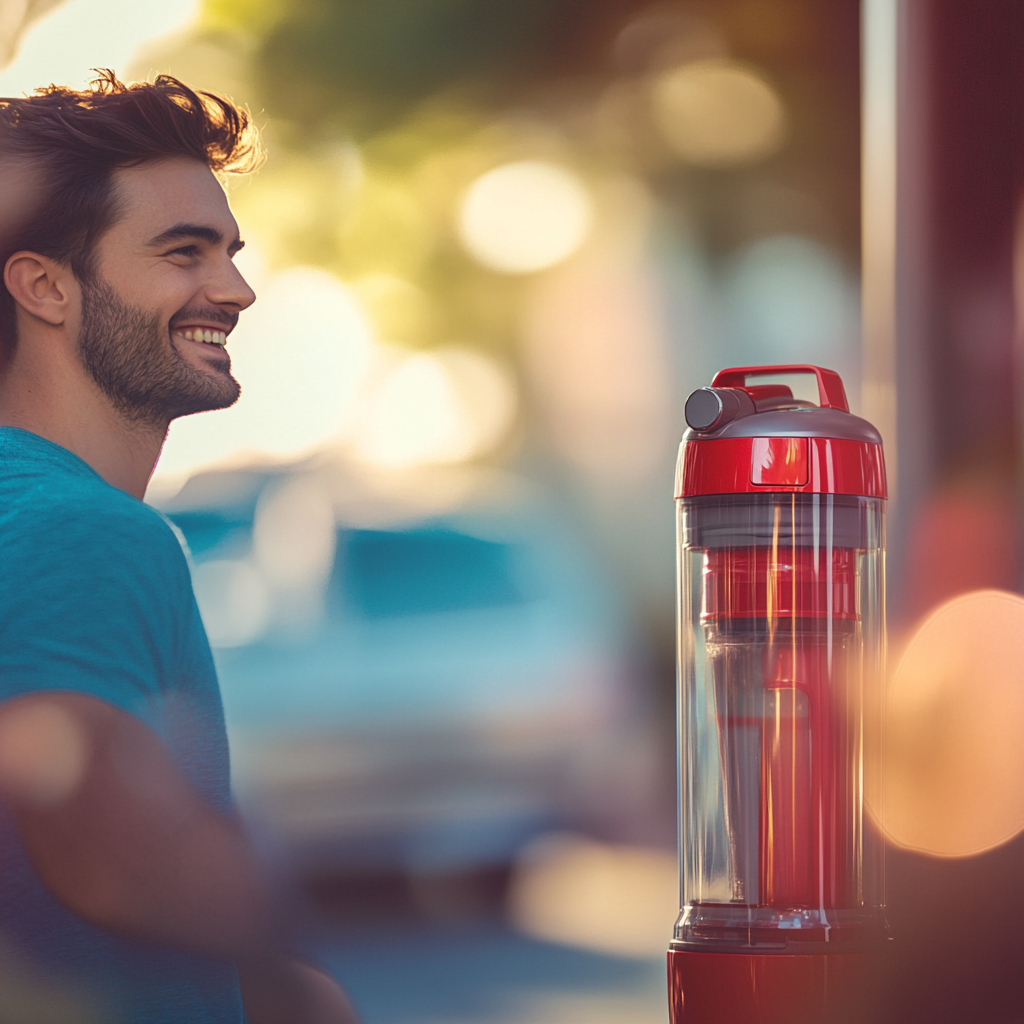 Summer Day: Happy Man with Car and Vacuum.