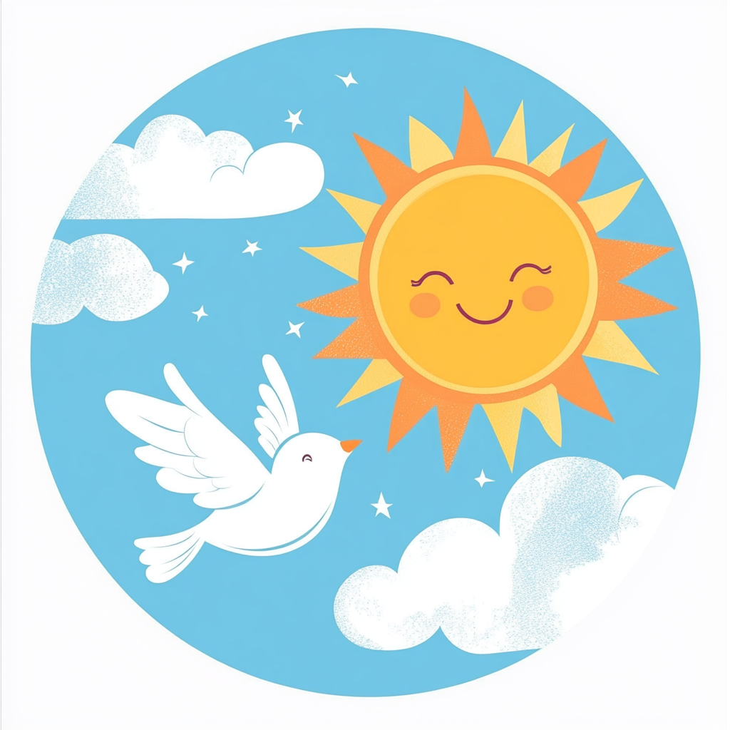 Sun, smile, dove, blue sky, white clouds logo design.