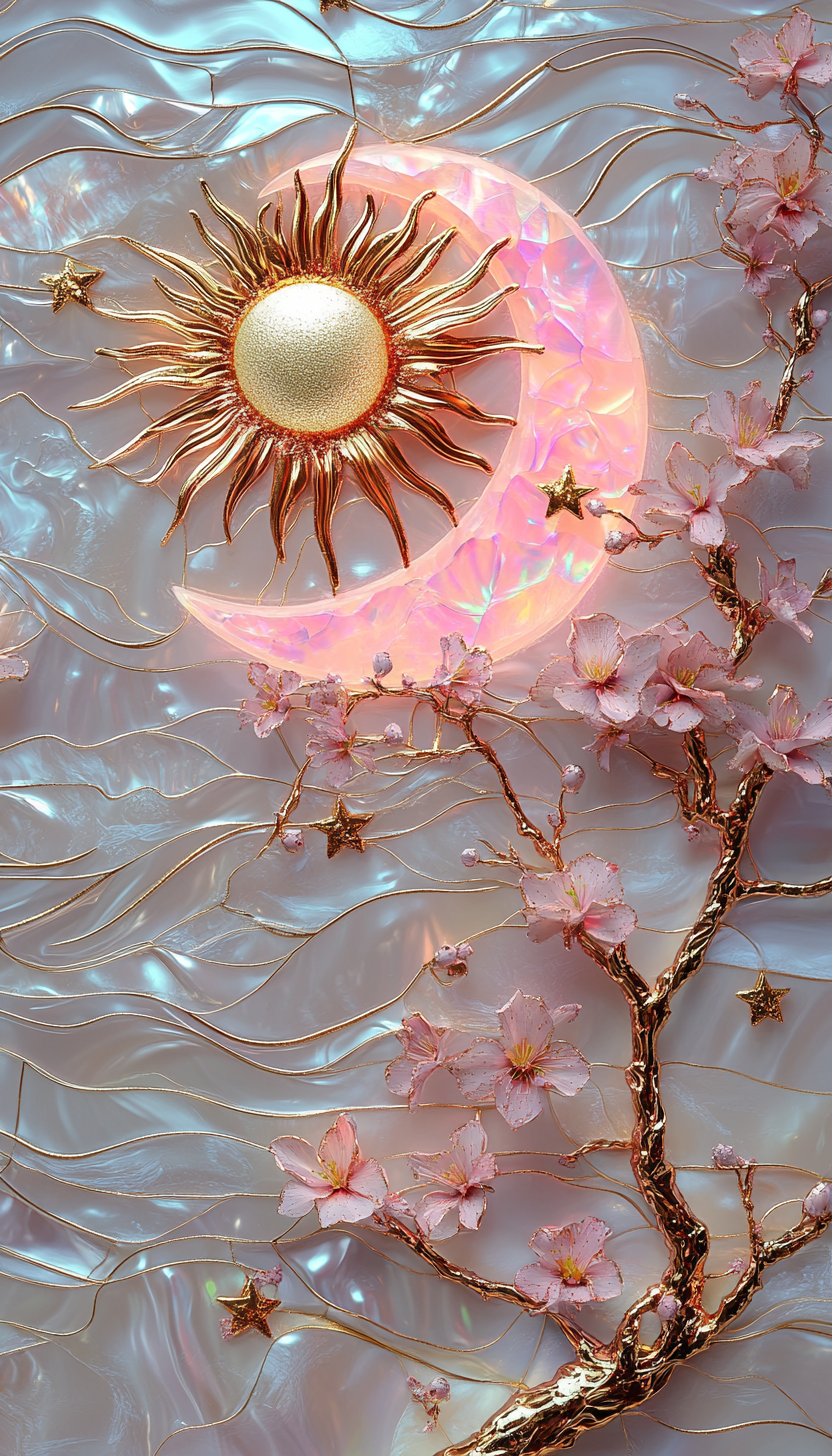 Sun and moon in pink, gold, and opal setting.