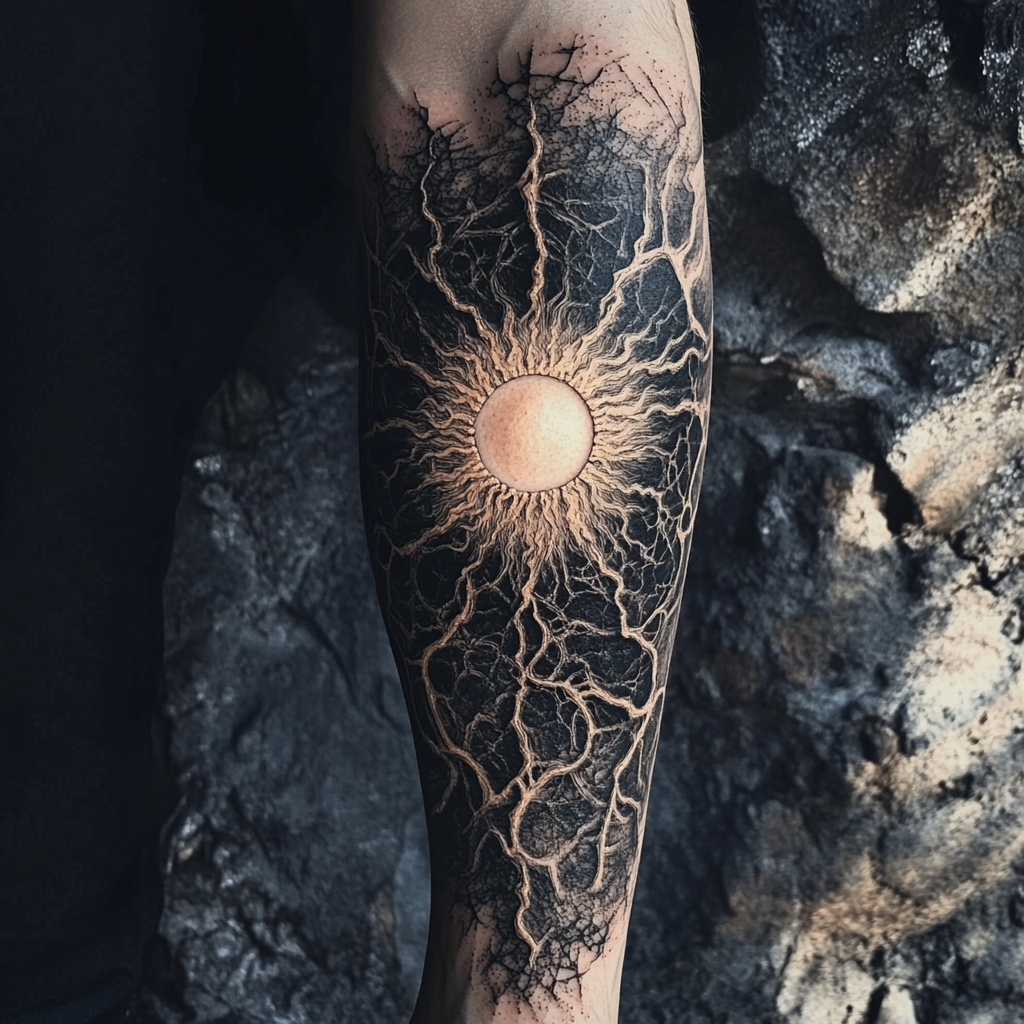 Sun-centered bioorganic tattoo sleeve with futuristic structure