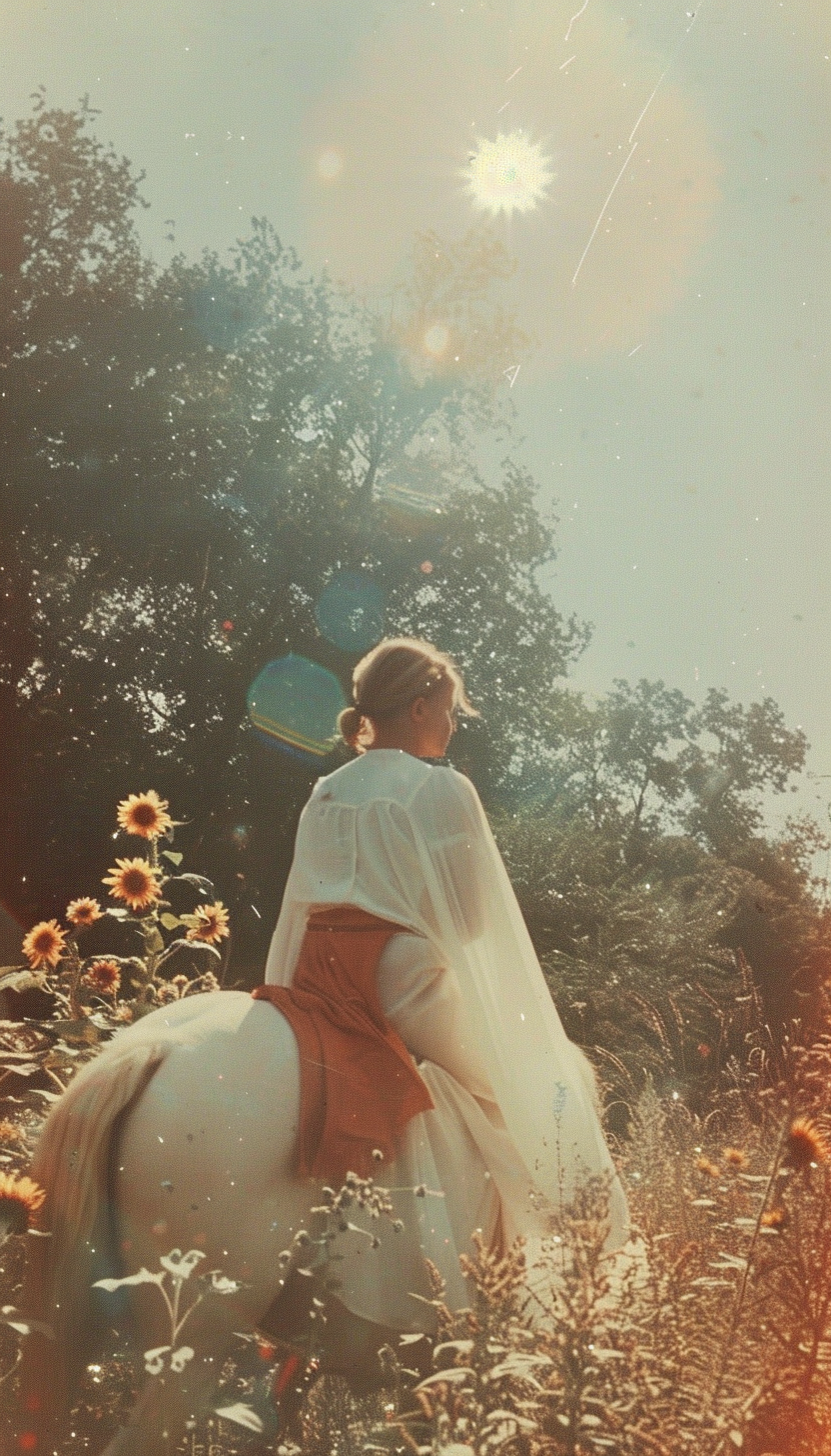 Sun shining above baby on horse in sunflower forest.