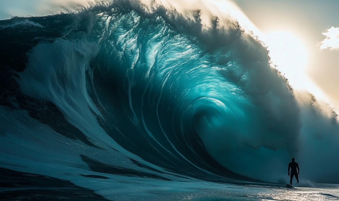 Sun shining on big wave splashing turquoise water