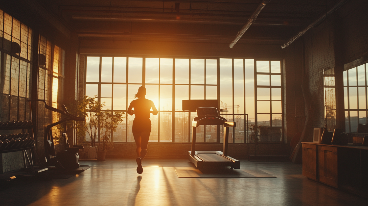 Sun shining on modern loft set, mom on treadmill.