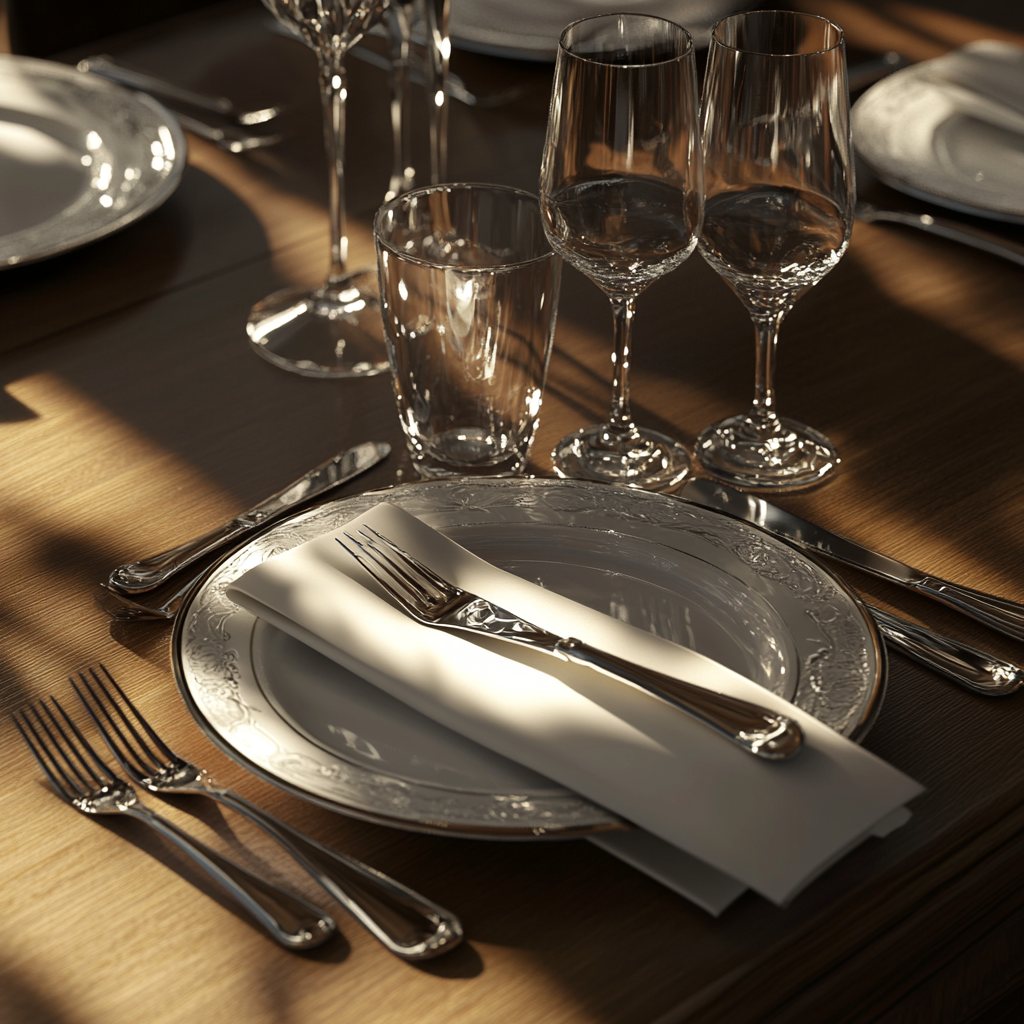 Sunlight accents clown-style flatware on dining table