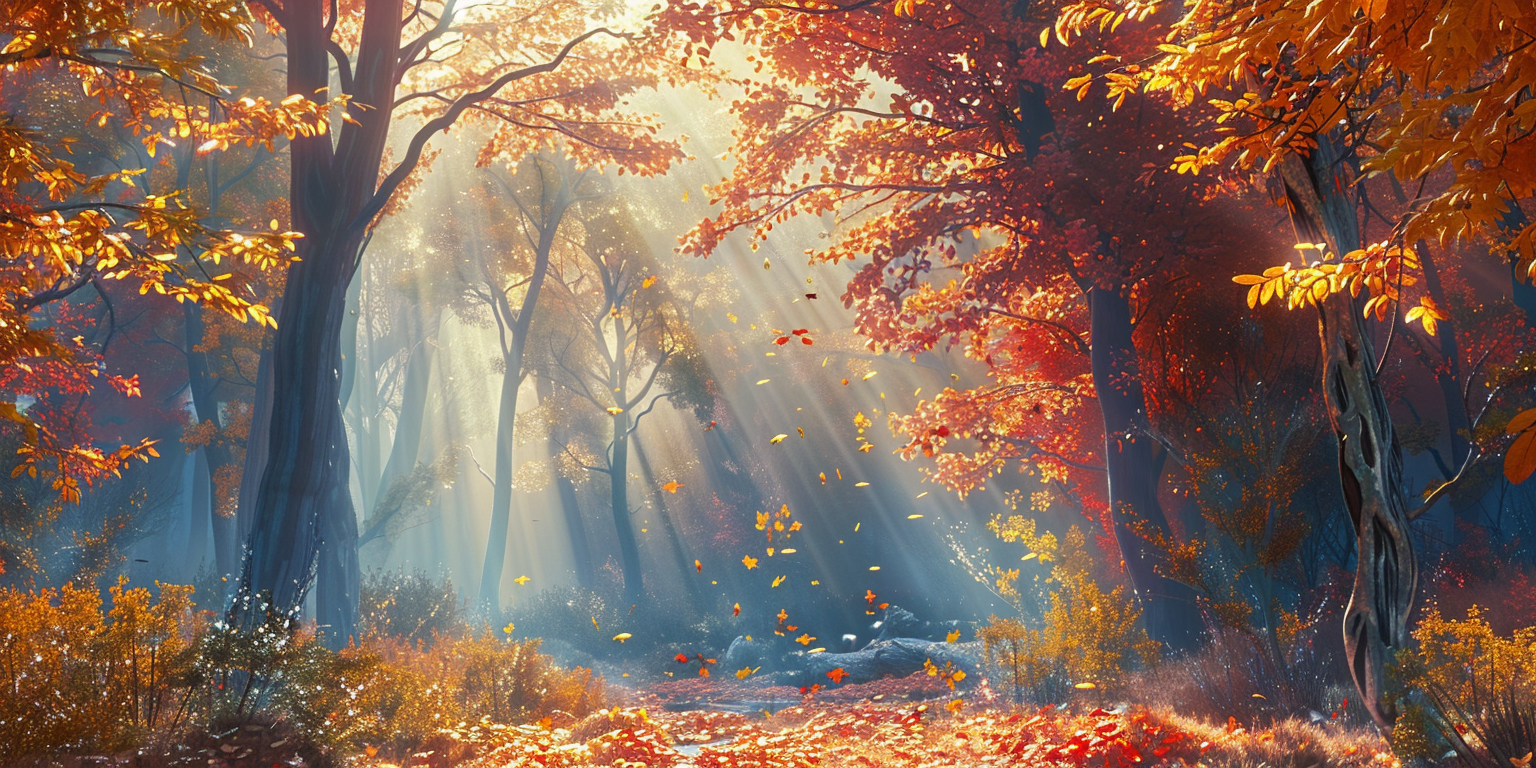 Sunlight shines through colorful autumn forest landscape