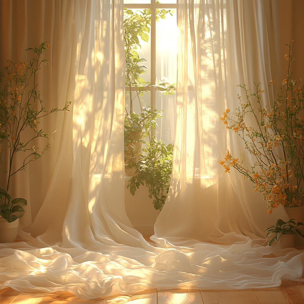 Sunlight through window, curtains, plants in room.