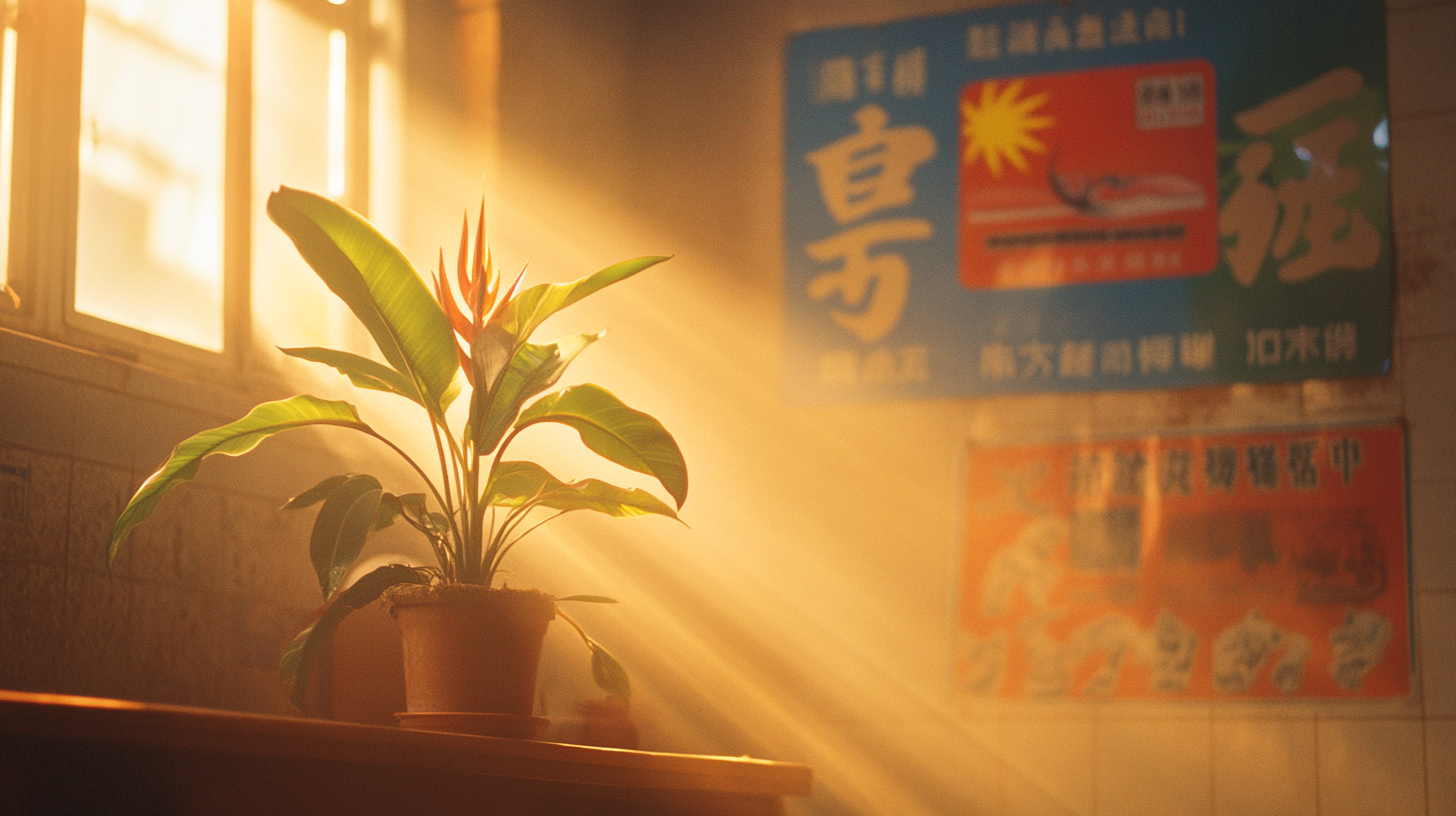 Sunlit Bird of Paradise Plant with Chinese Posters