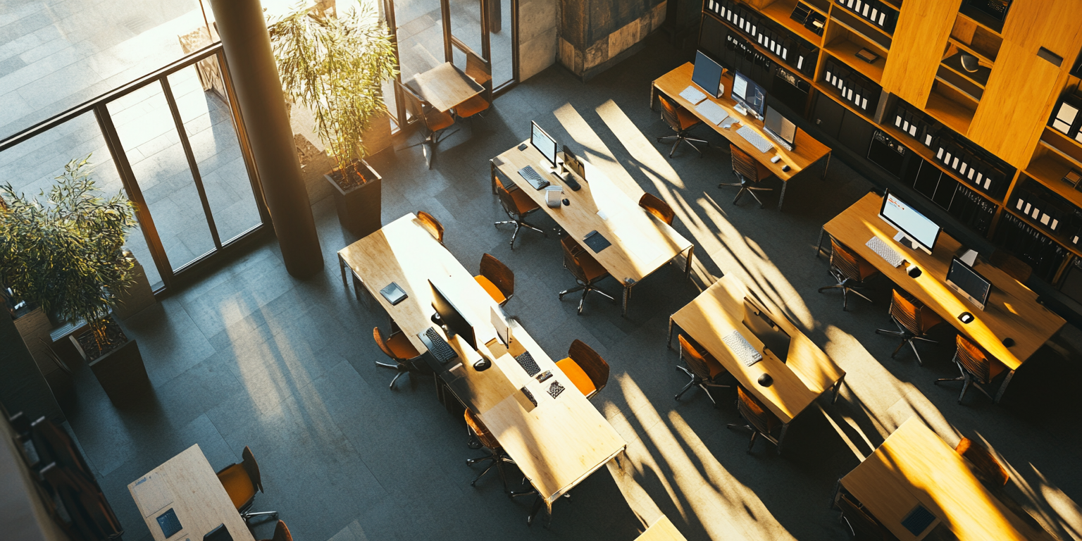 Sunlit Internet Café Interior, Ultrarealistic, 8K Overhead View