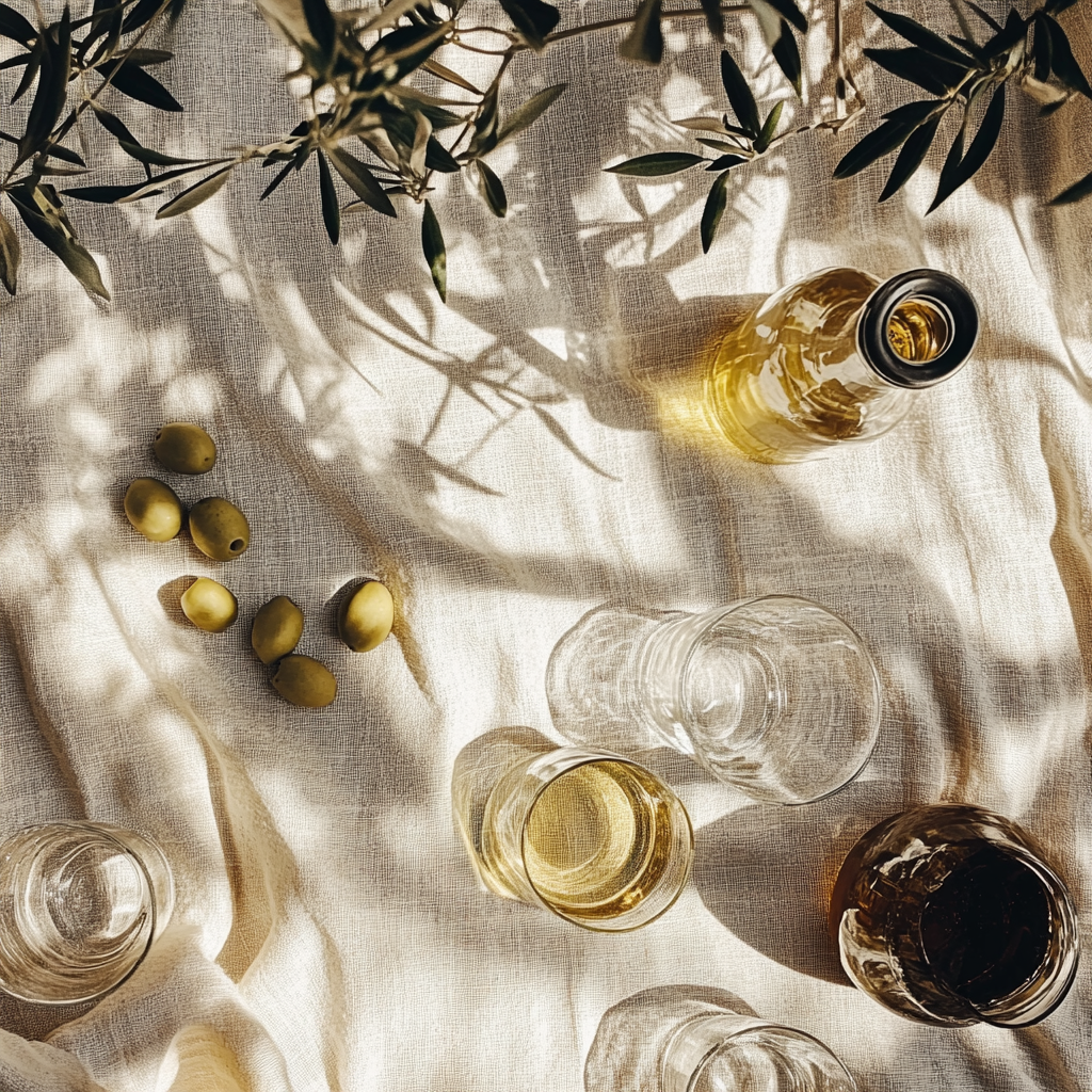 Sunlit linen table top with olives, olive branches, olive oil, and glasses.