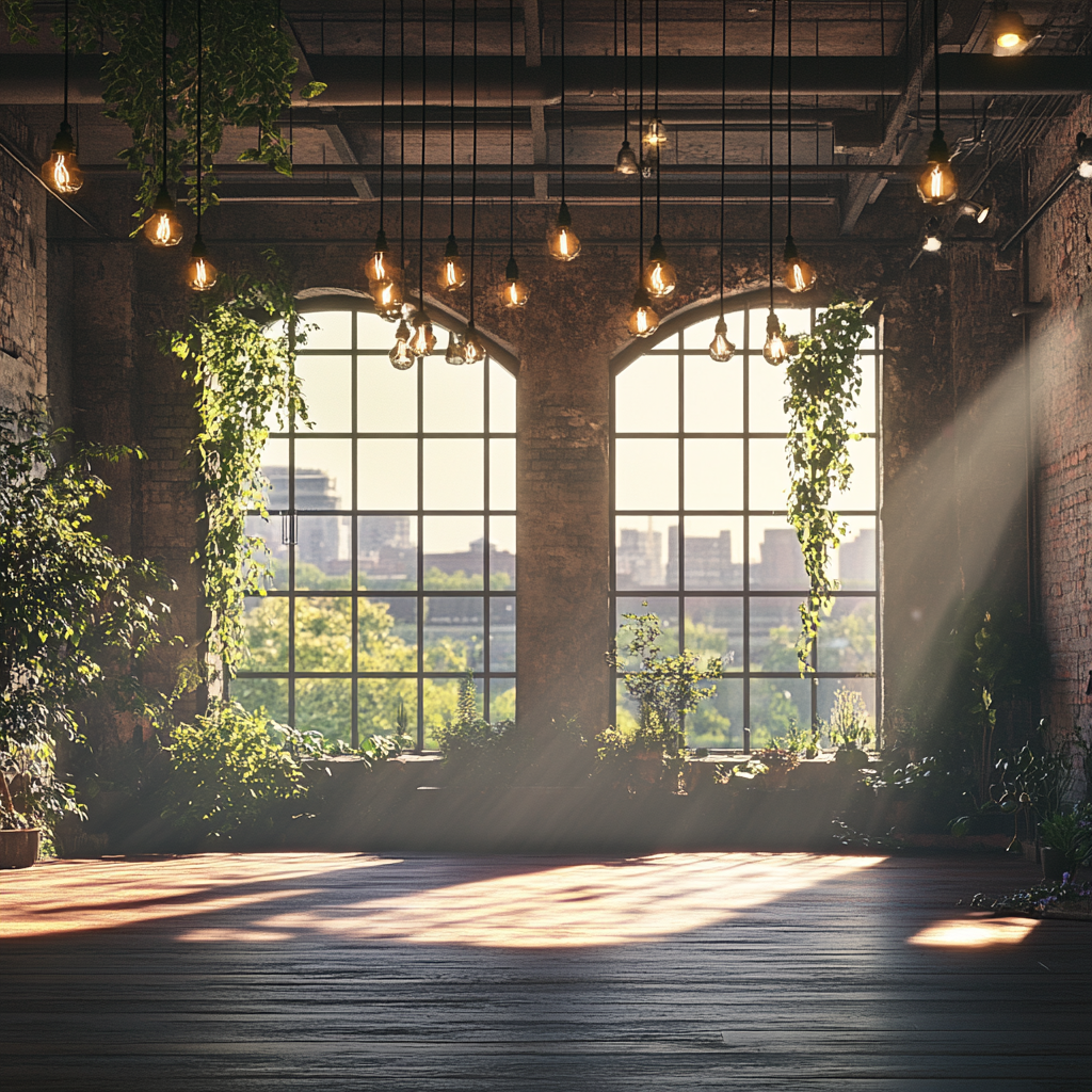 Sunlit performance room with stage, plants, and windows.