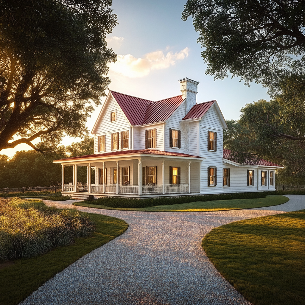 Sunlit white farmhouse with red roof, lush greenery