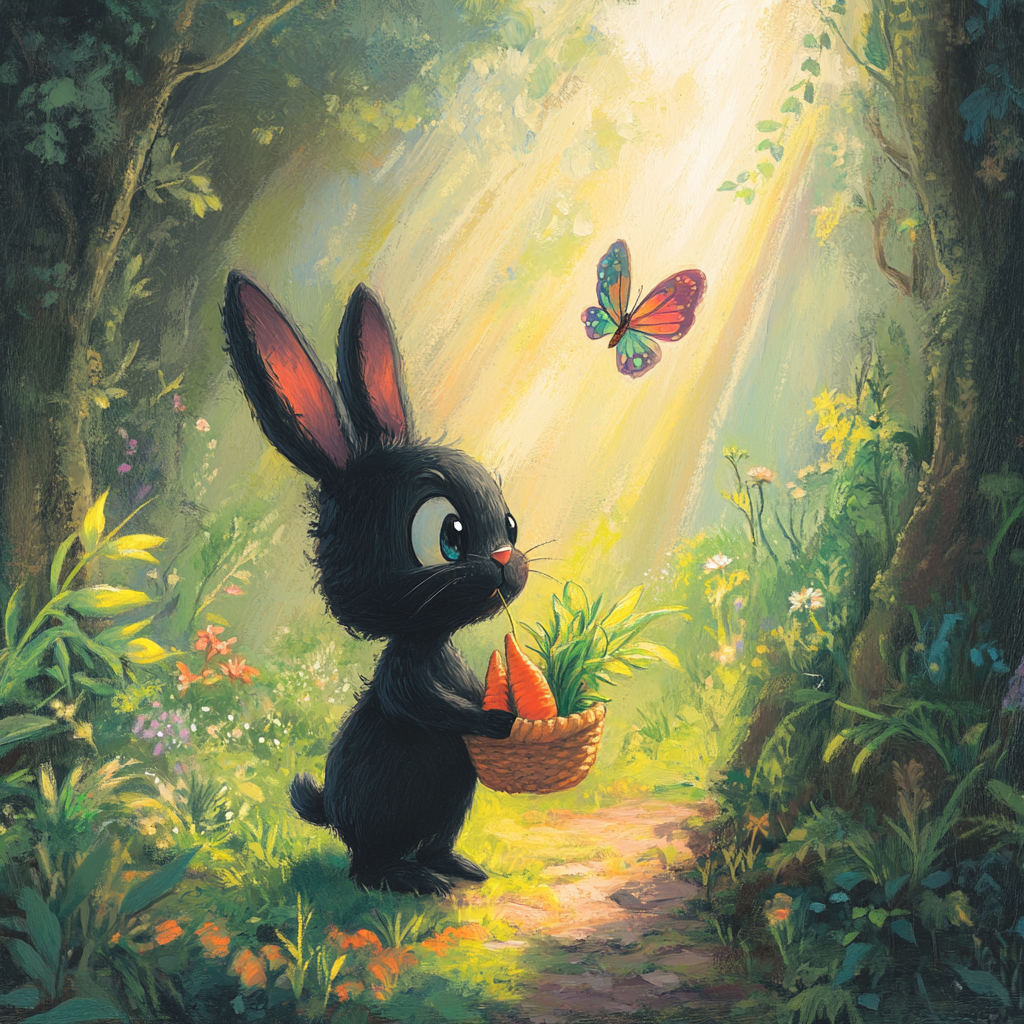 Sunny day in forest, Bunny Shoesley picks carrots. Butterfly advice.