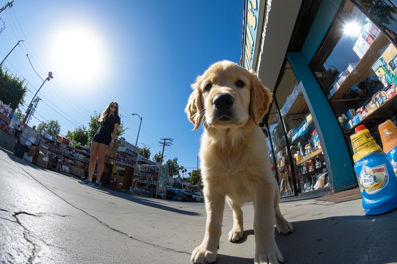 Sunny day with woman and puppy in LA