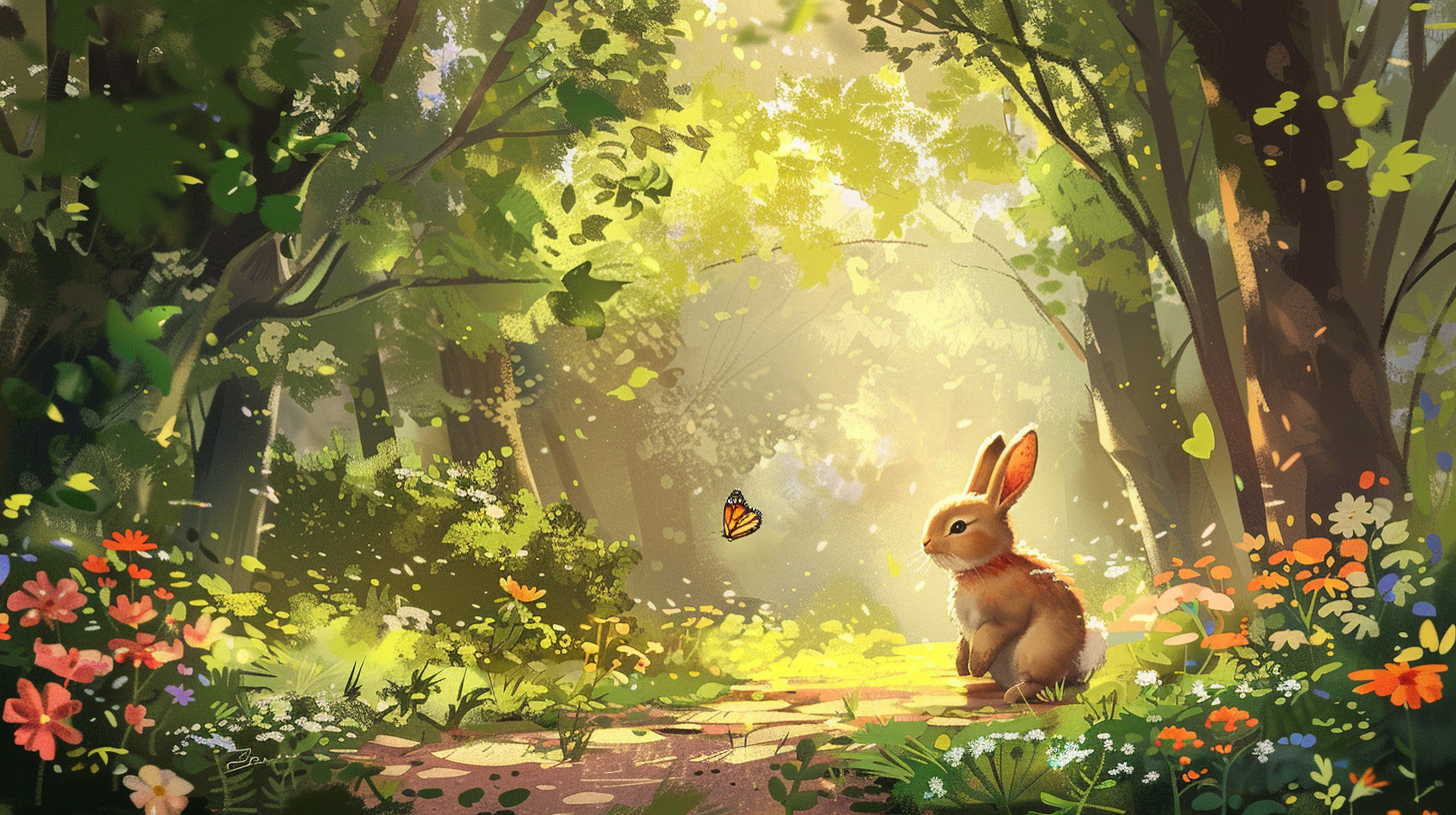 Sunny forest day with small bunny and butterfly.