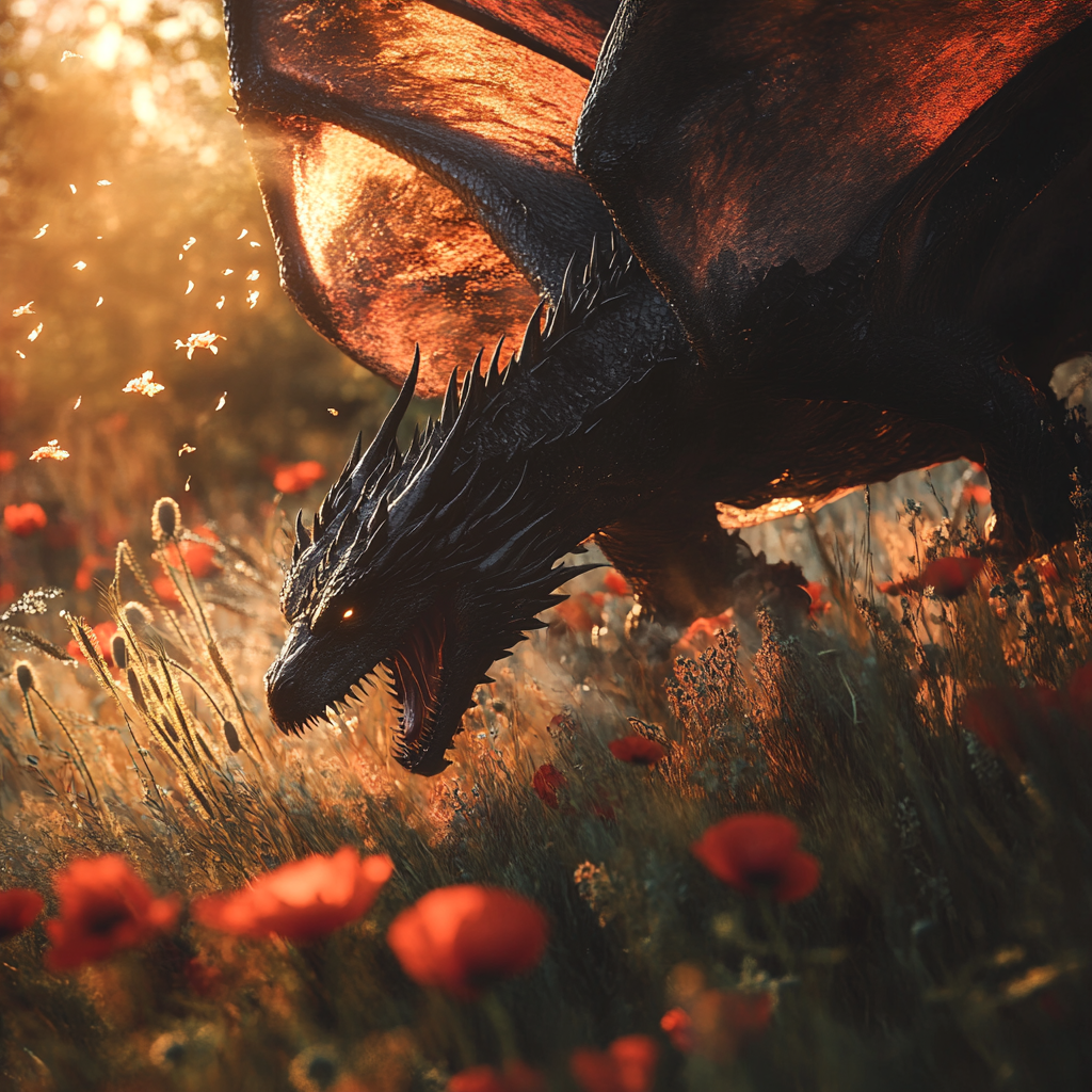 Sunny grass field, black dragon, shiny wings, roar, detail.