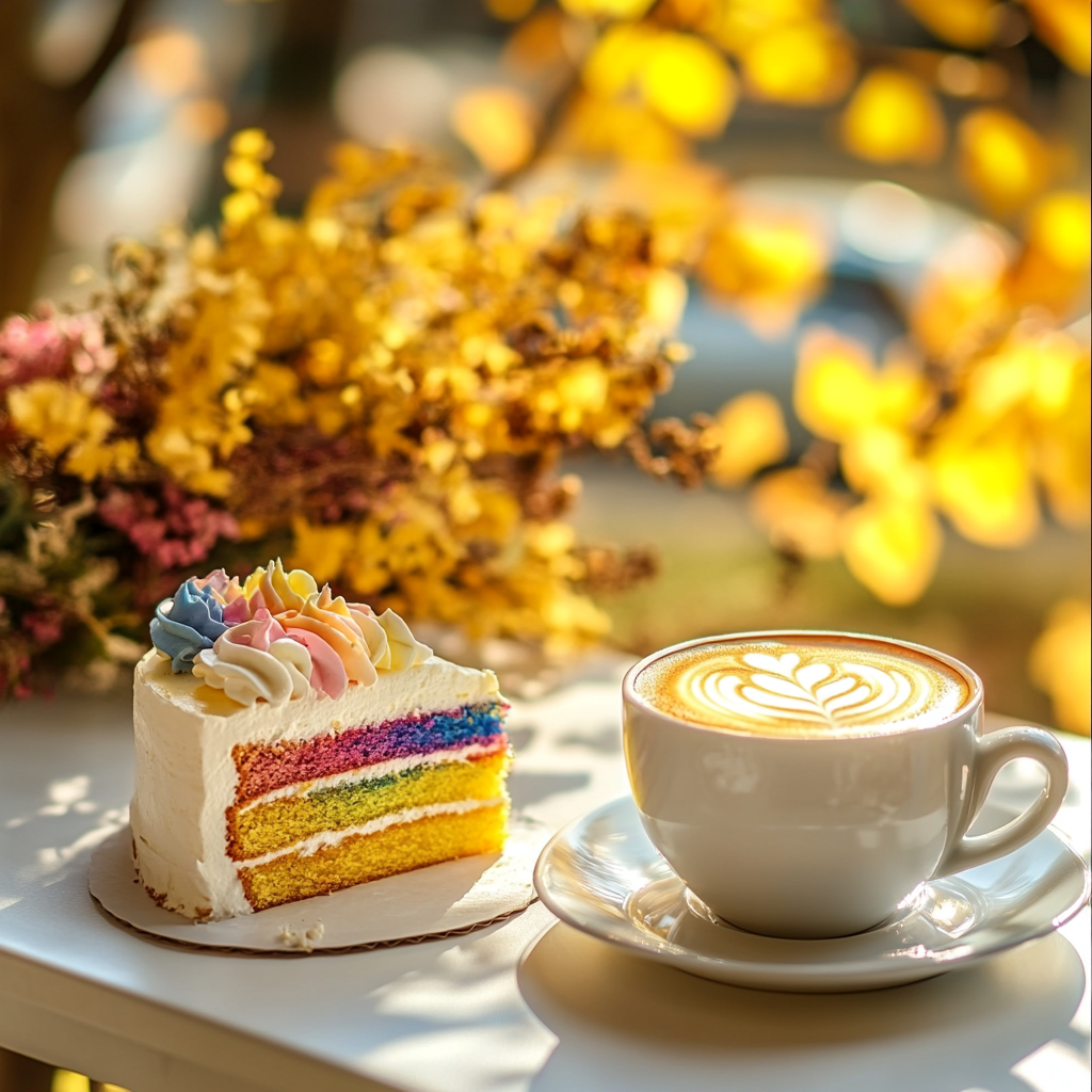 Sunny morning with coffee, cake, and flowers