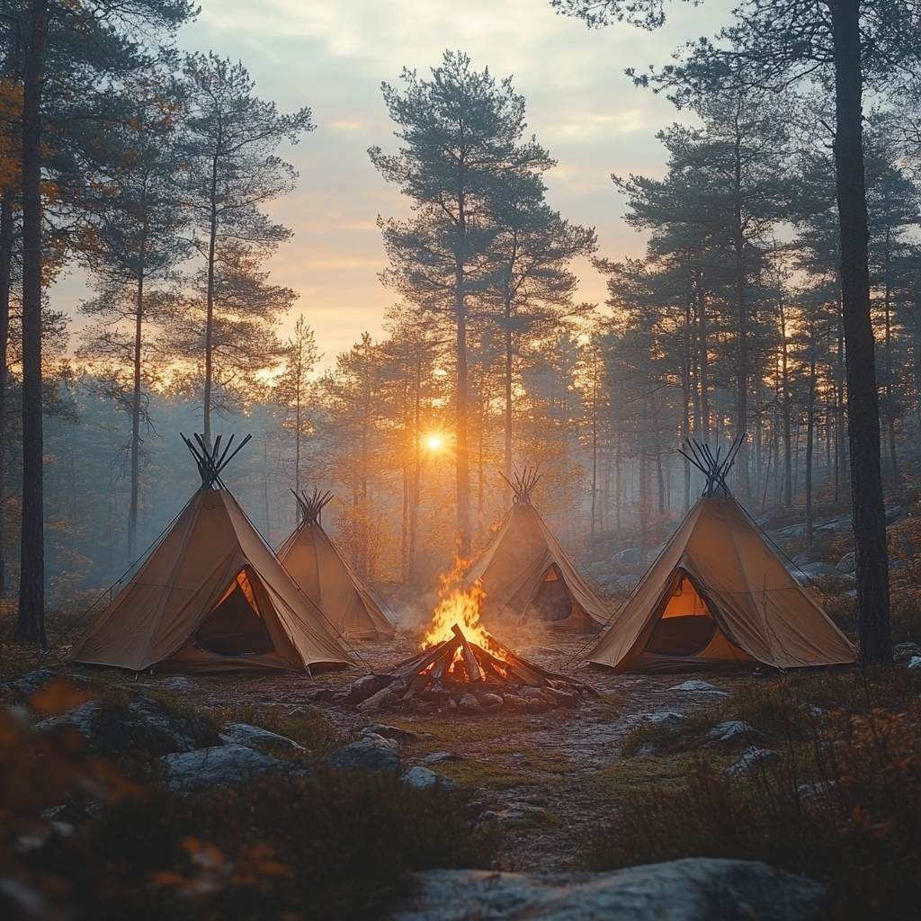 Sunrise Bonfire and Tents in Autumn Forest