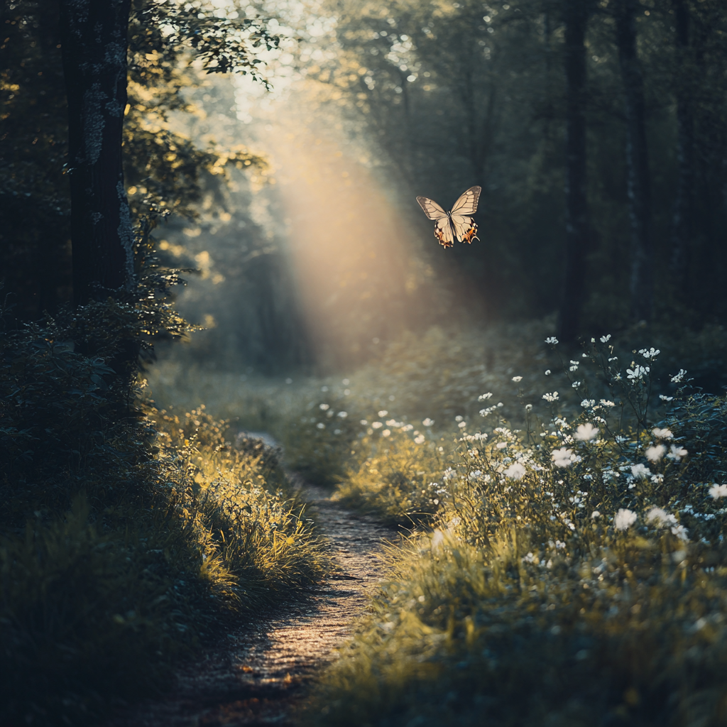 Sunrise in nature with peaceful forest and pretty butterfly.