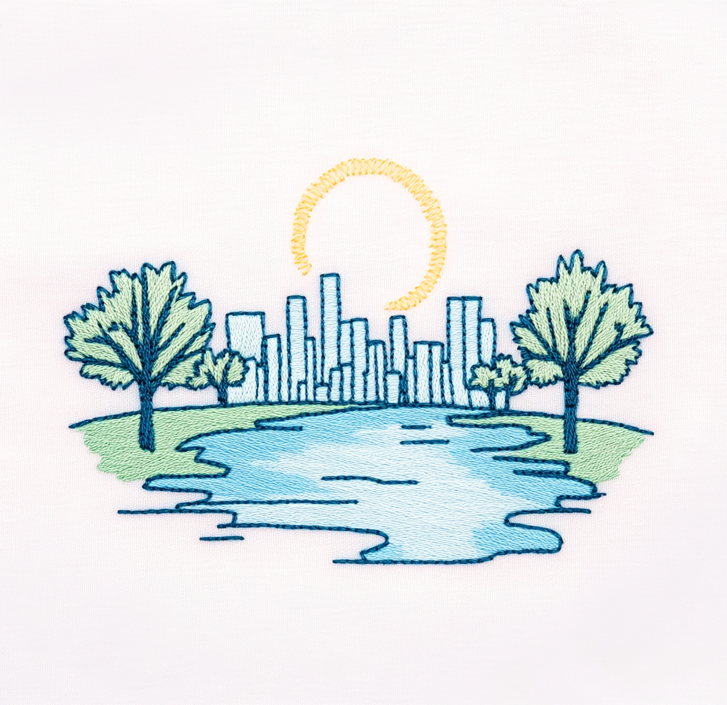 Sunrise over City: River, Trees & Skyline Embroidery