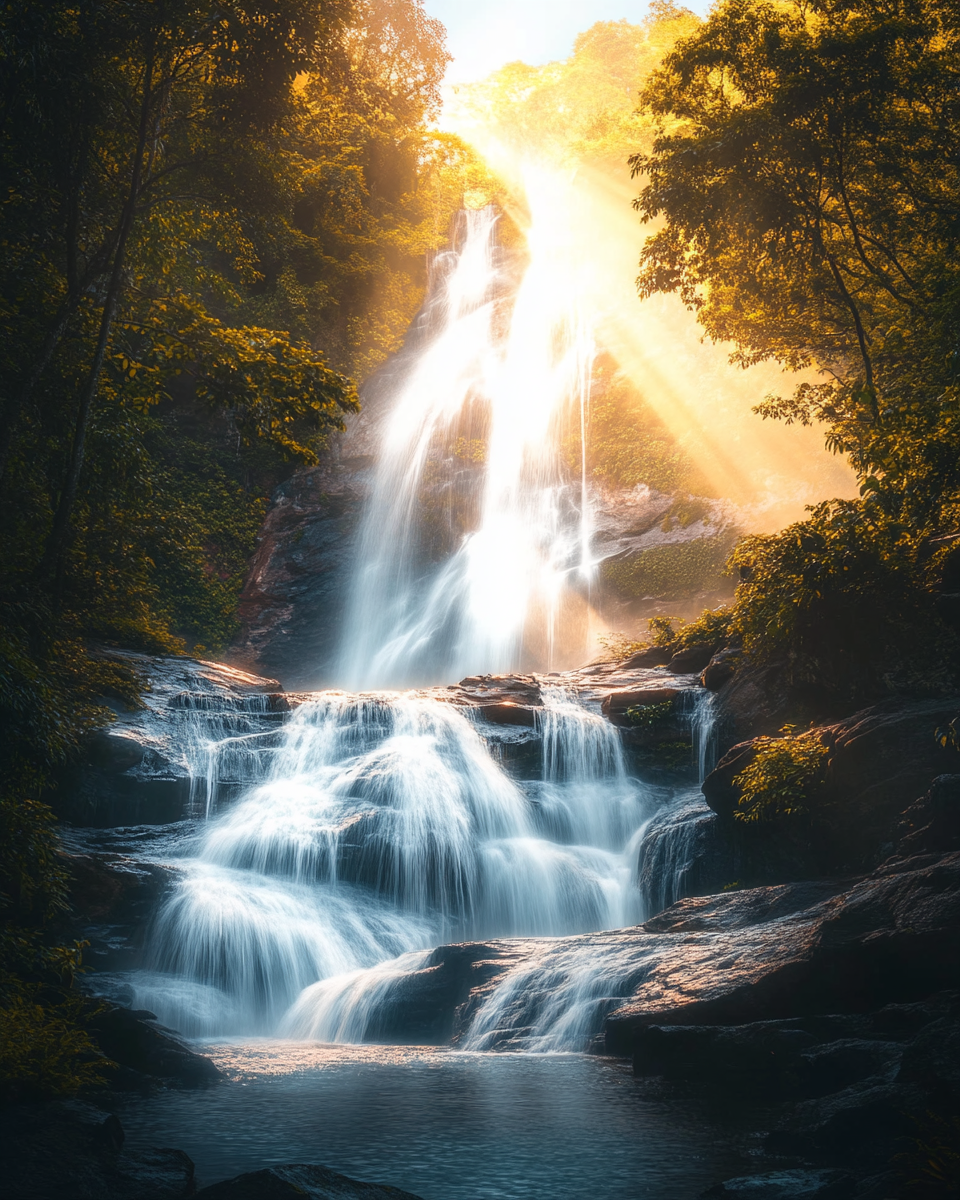 Sunrise waterfall with light rays, Sony Alpha 16-35mm lens.