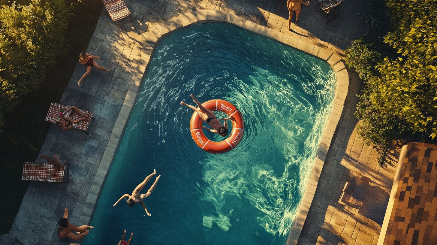 Sunset Pool Scene with Soda Can Life Preserver