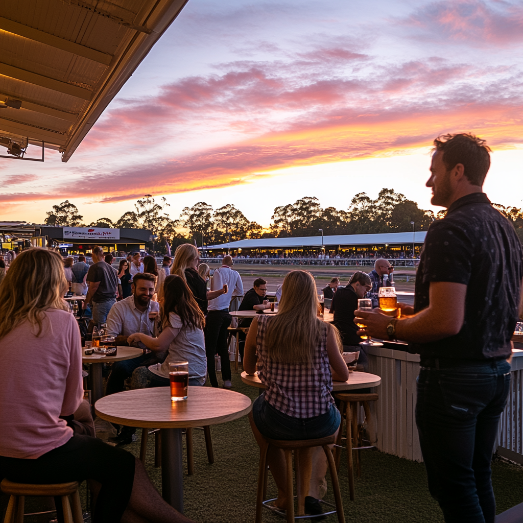 Sunset at Brisbane Racing Club with drink-filled tables.