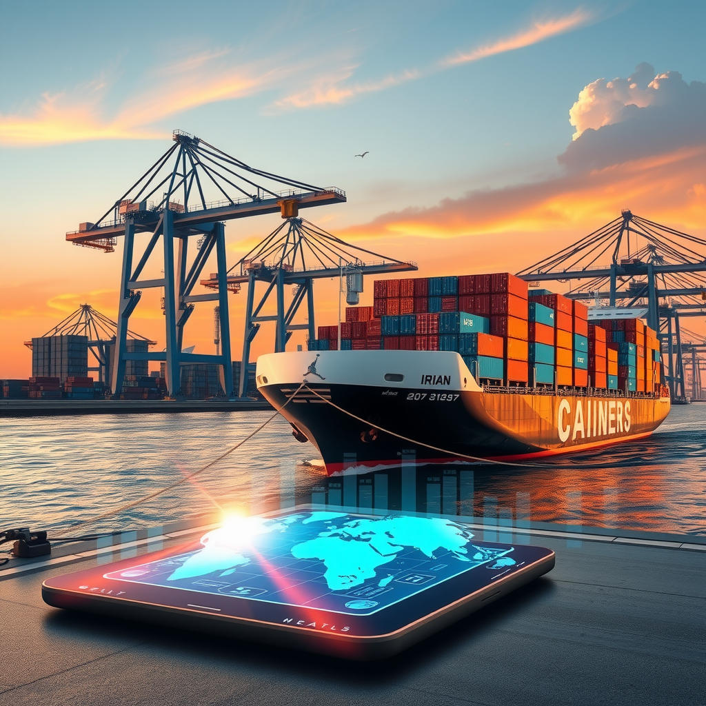 Sunset at Busy Shipping Port with High-Tech Tablet