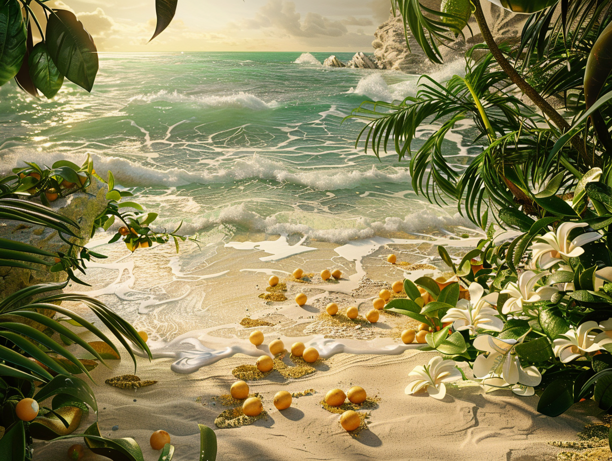 Sunset at Tropical Beach with Bergamot Fruits