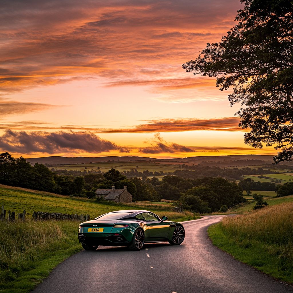 Sunset drive: Aston Martin DB12 in British countryside