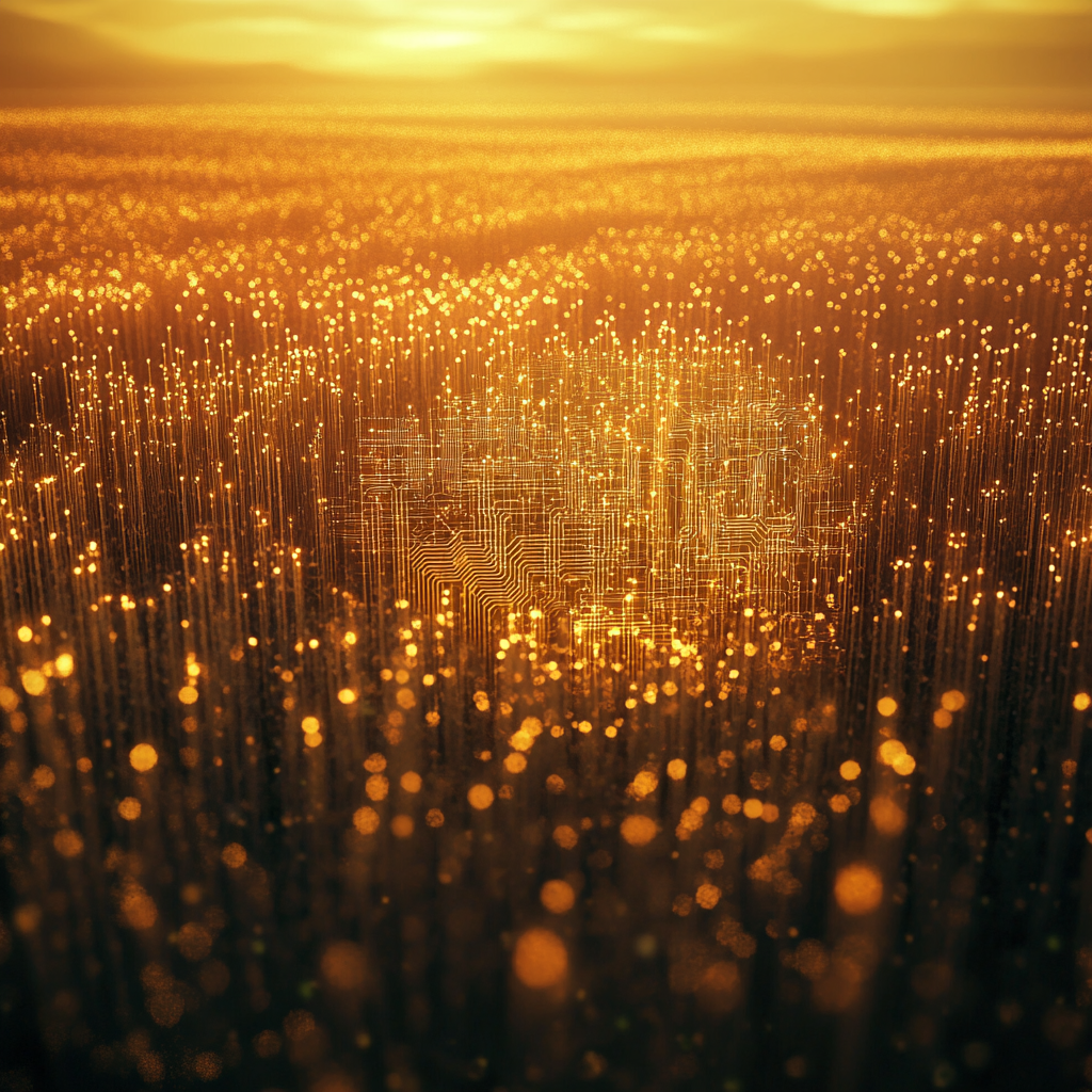 Sunset field with intricate dust particles resembling microchips