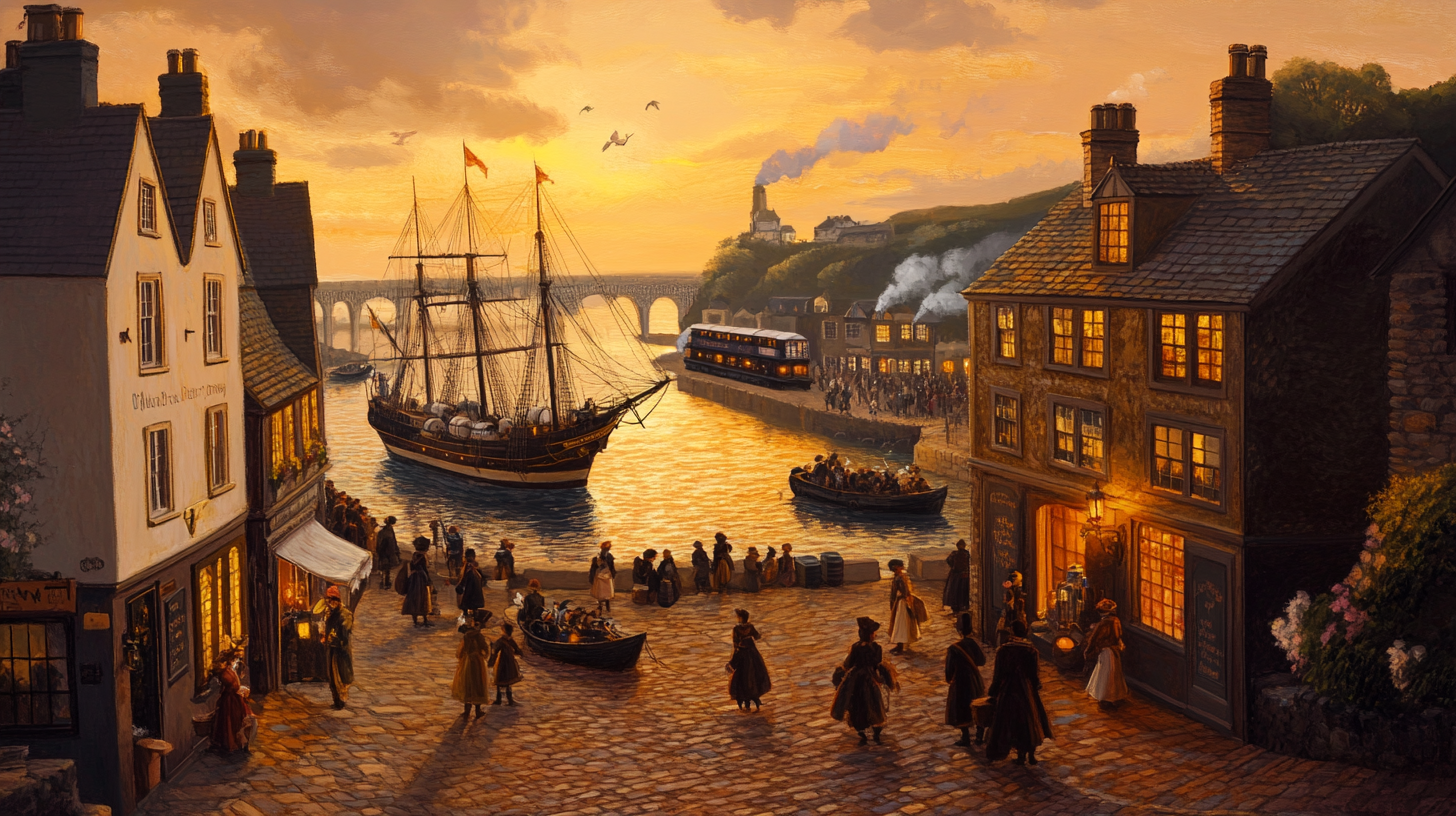 Sunset in 18th Century Cornish Harbor Scene