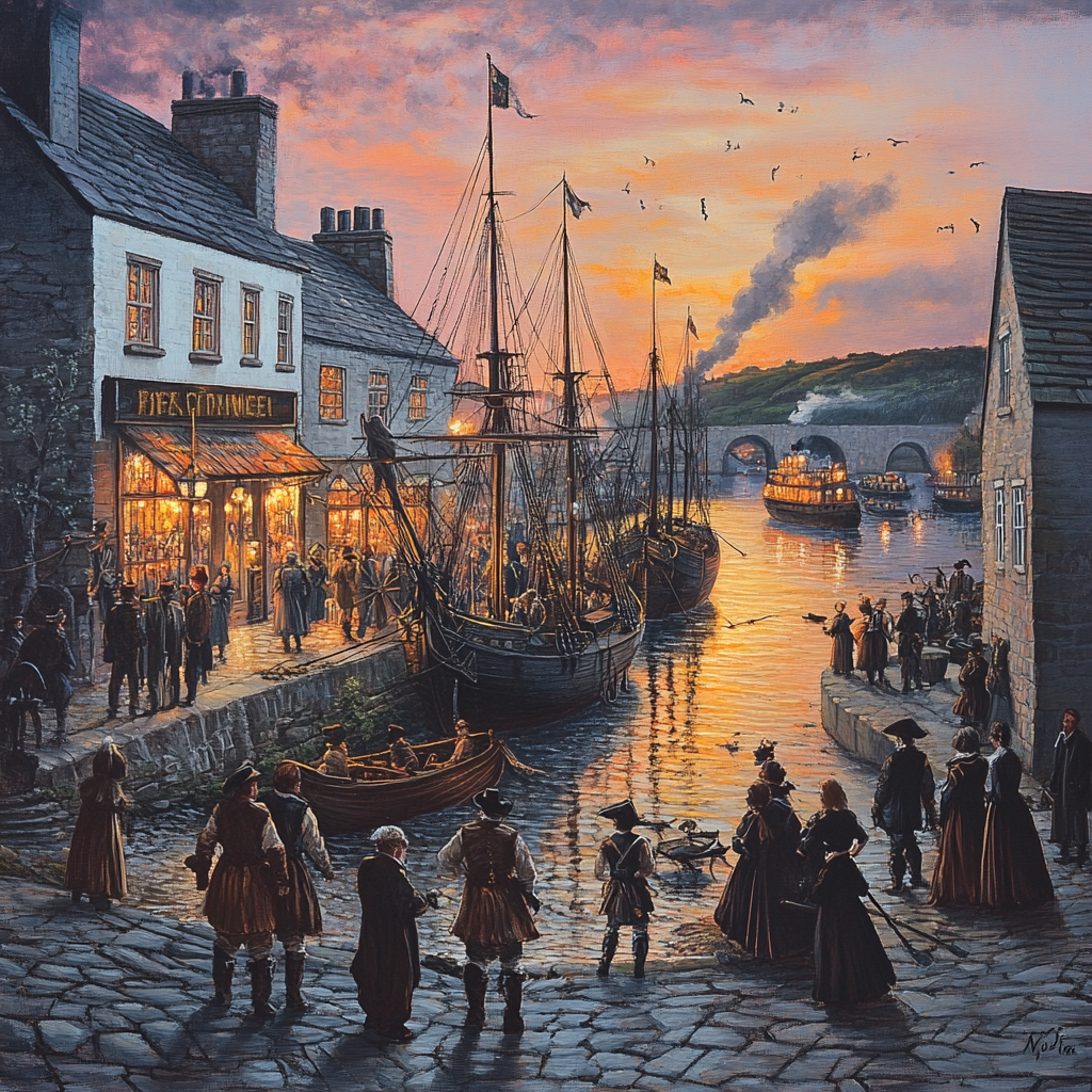 Sunset in Cornish Harbour: 18th Century Scene