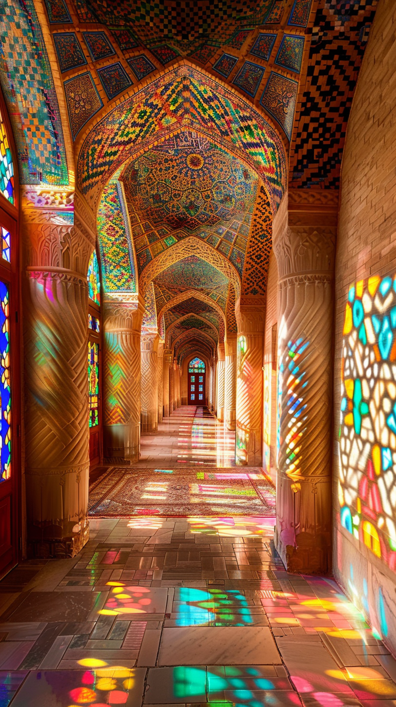 Sunset light through stained-glass windows in historical Iranian mosque.