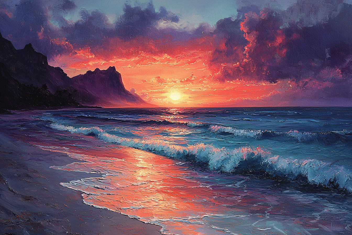 Sunset on Beach with Coral, Turquoise, Plum.