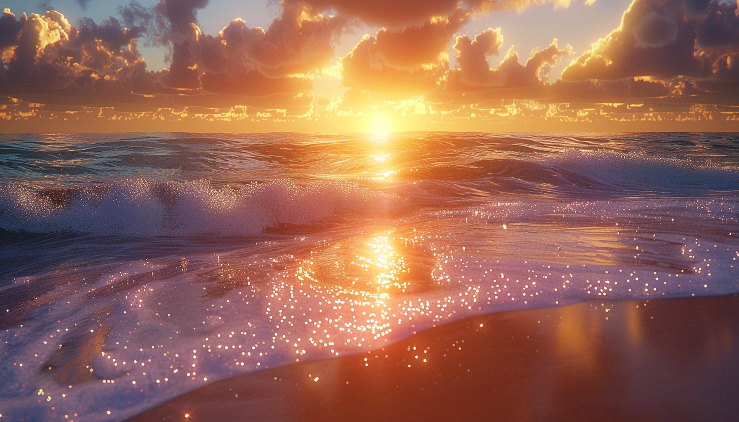 Sunset over Pristine Beach with Reflective Atmosphere