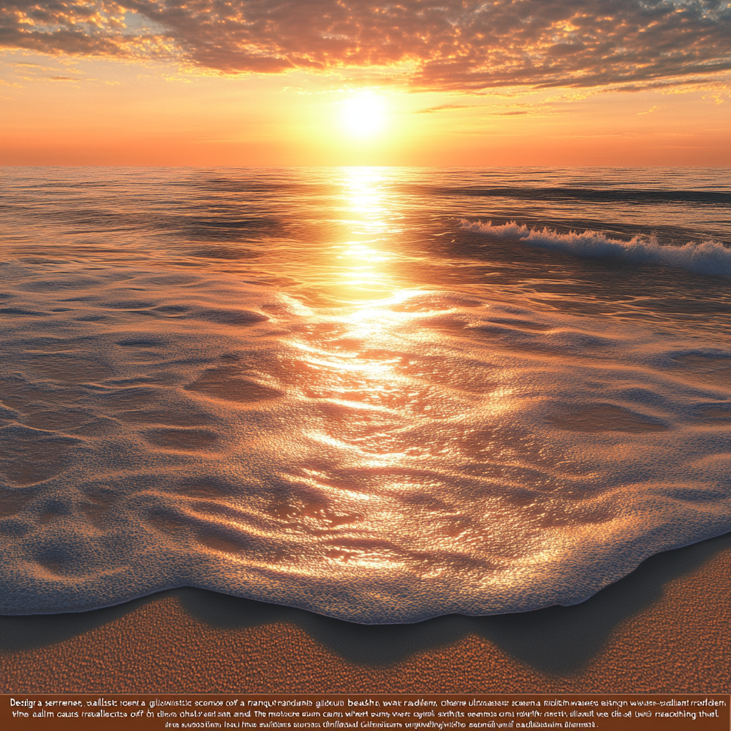 Sunset over calm beach with golden light reflecting off waves.