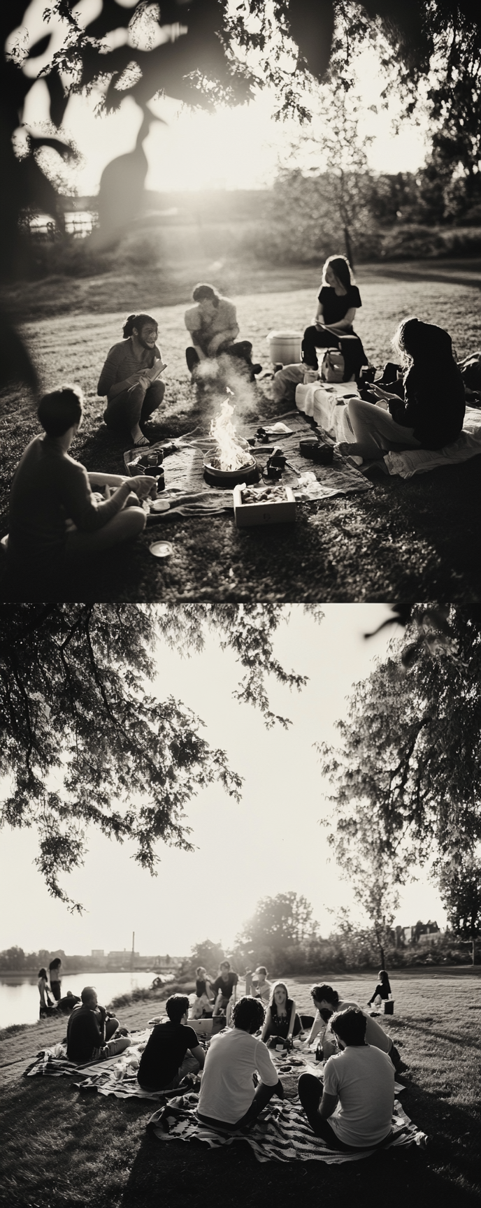 Sunset picnic in Antwerp park with 17 people enjoying.