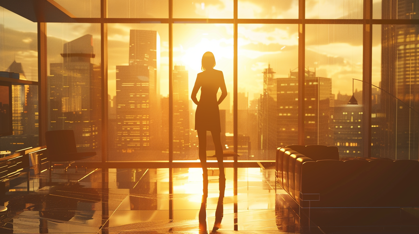 Sunset skyline view in modern office with businesswoman.