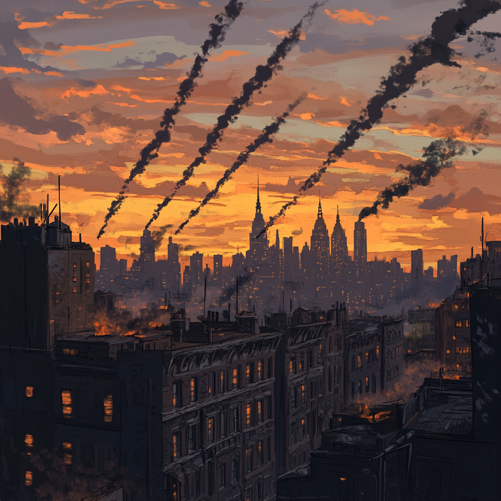 Sunset skyline with tenements, spires, and smoke trails.