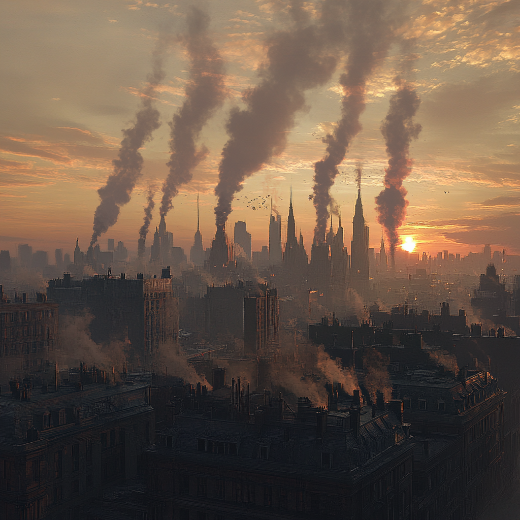 Sunset skyline with tenements and spires in distance.