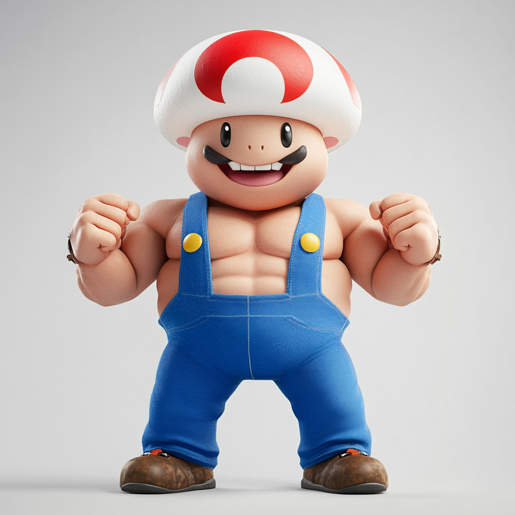 Super Mario Toad with mushroom head, huge muscles.